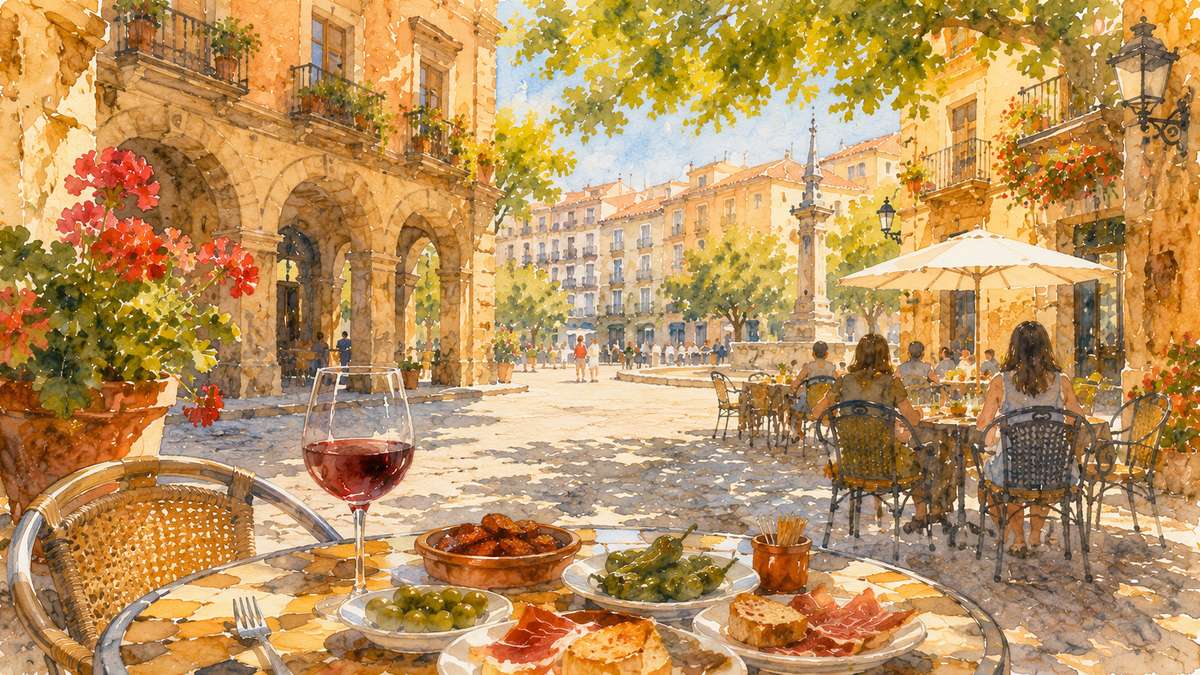 スペインの街角のカフェテラスでタパスとワイン