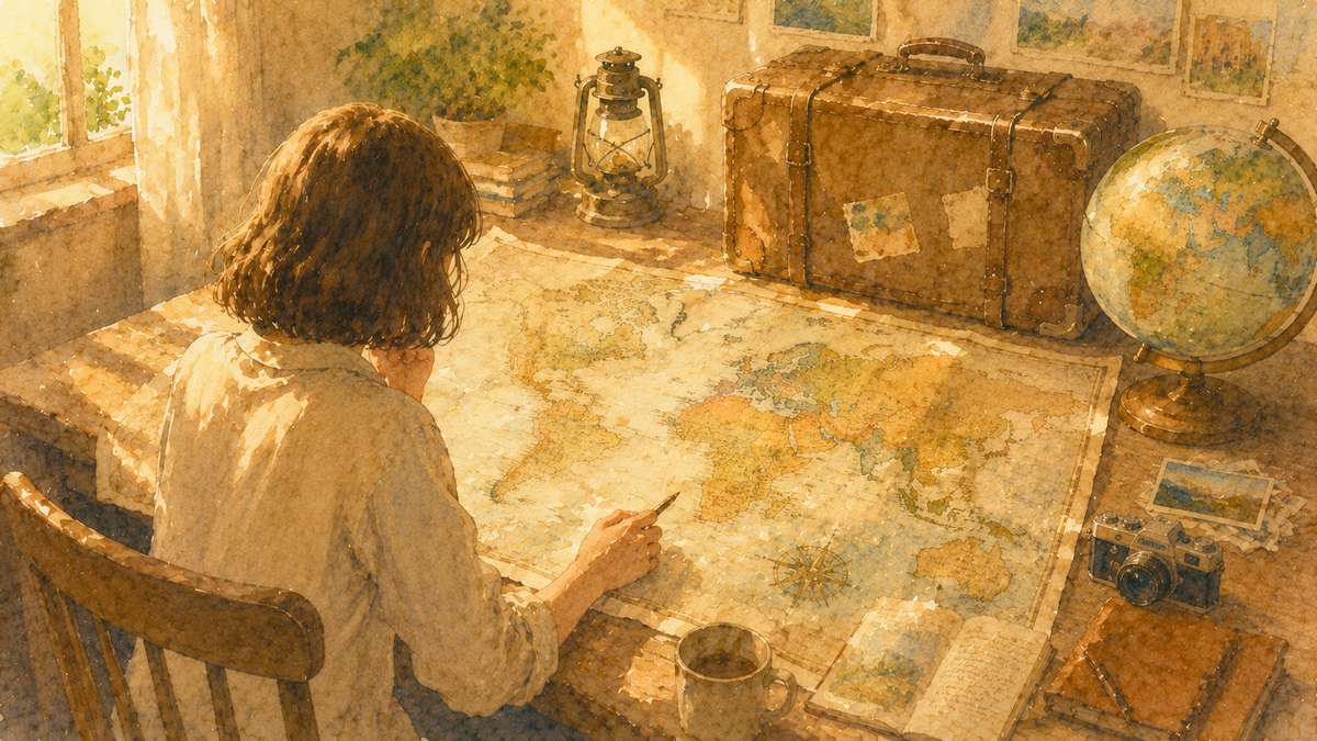 世界地図を広げて旅の計画を立てる