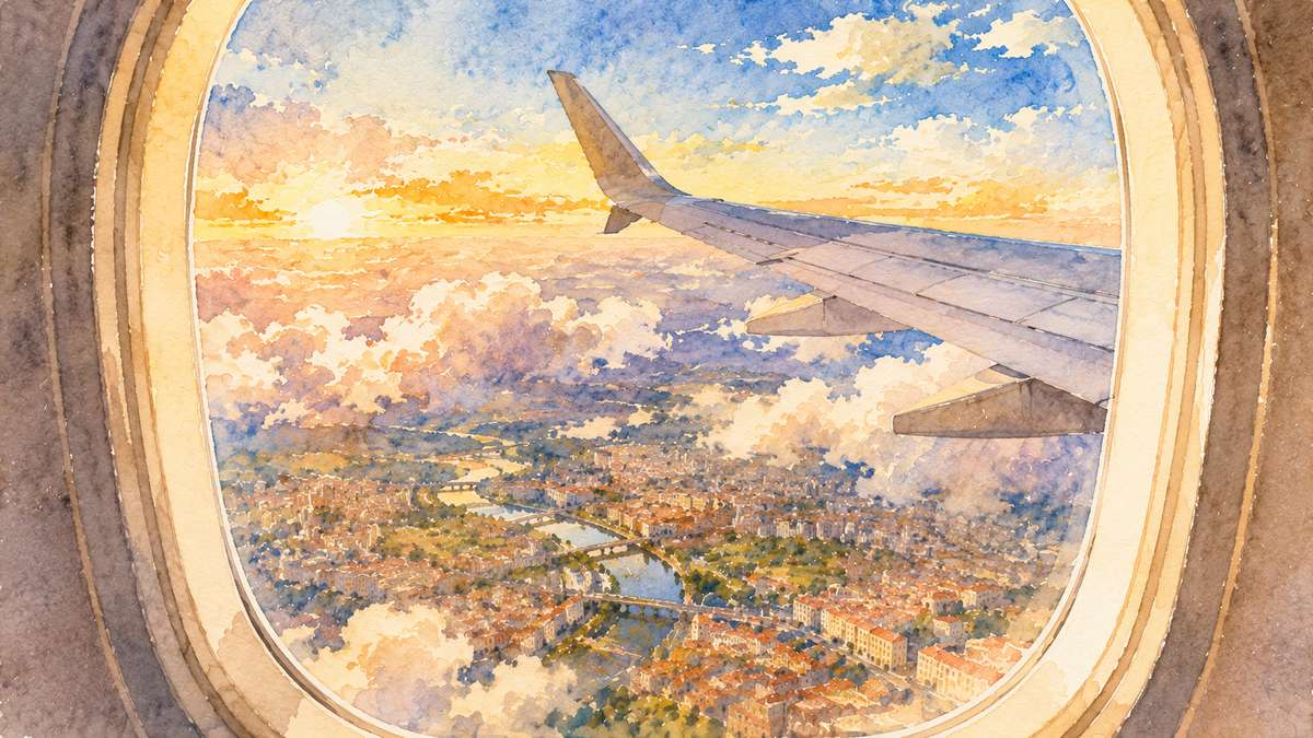 飛行機の窓から見るヨーロッパの街並み
