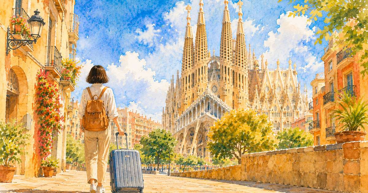 スペインの街を歩く旅人とサグラダファミリア